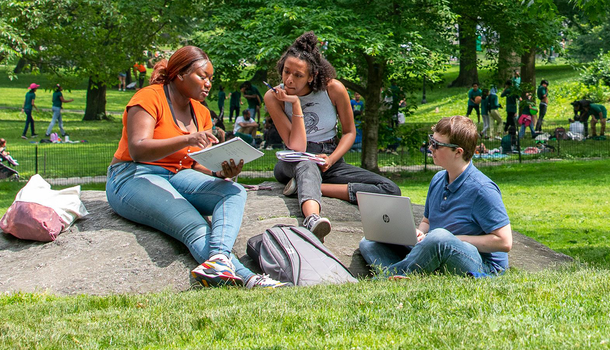 Students sitting on a rock on the Long Island campus.