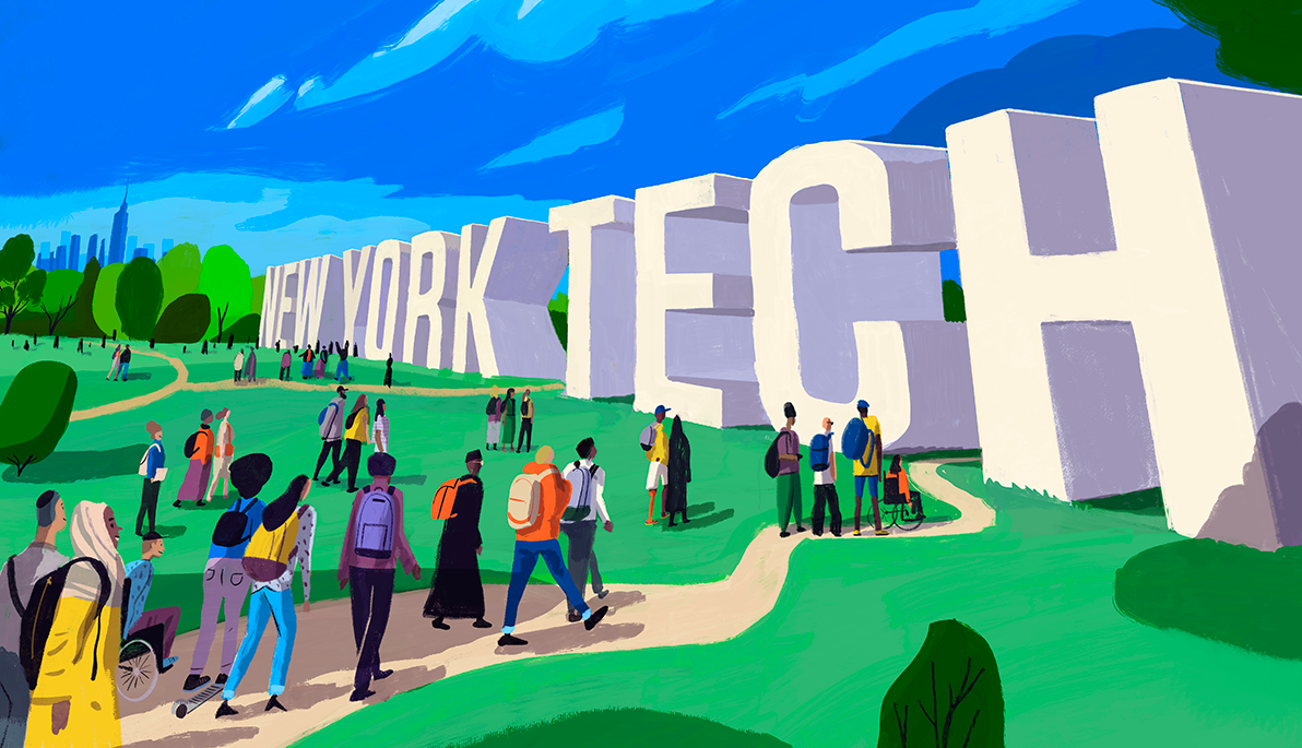 Illustration of people walking a green path up to large New York Tech letters
