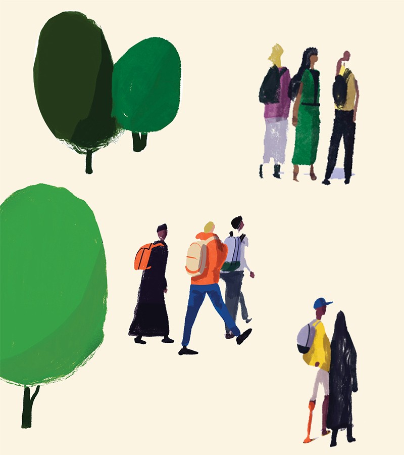 illustration of students walking around a blank background