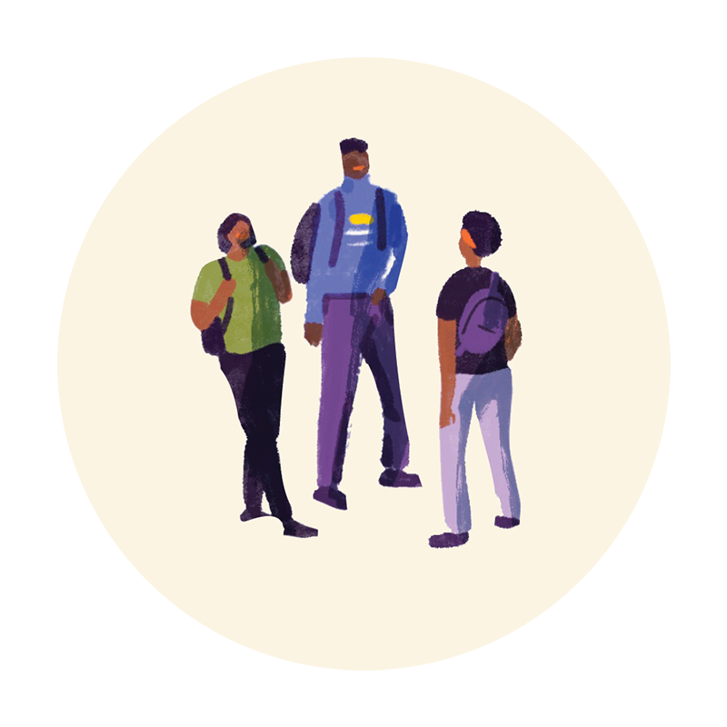 illustration of students walking around a blank background