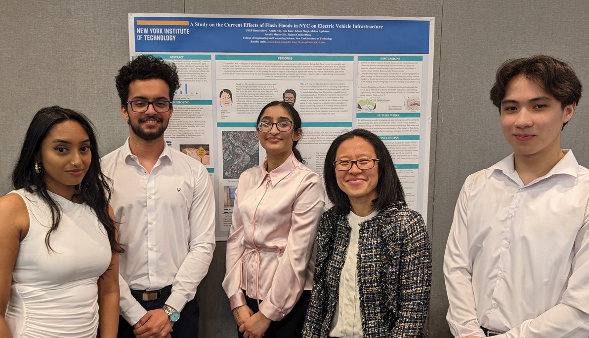 New York Tech students and Associate Professor Cecilia Dong in front of a poster at UREP