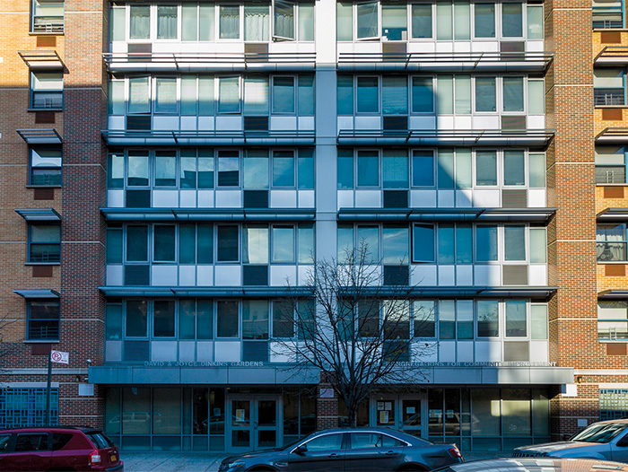 The facade of 263 W. 153rd St. (the first LEED-certified building for affordable housing in New York City).