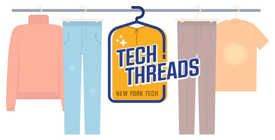 Logo for Tech Threads - a gold coat on a blue hanger