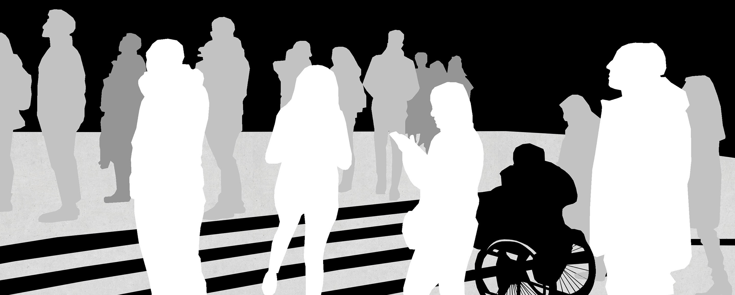Black and while model of stairs, people in silhouette 