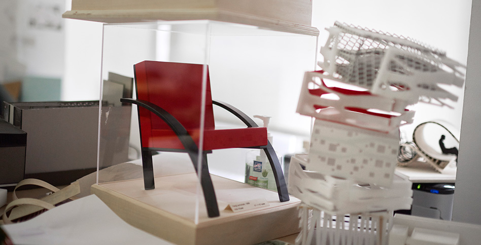Model of a chair and furniture designed by NYIT interior design students