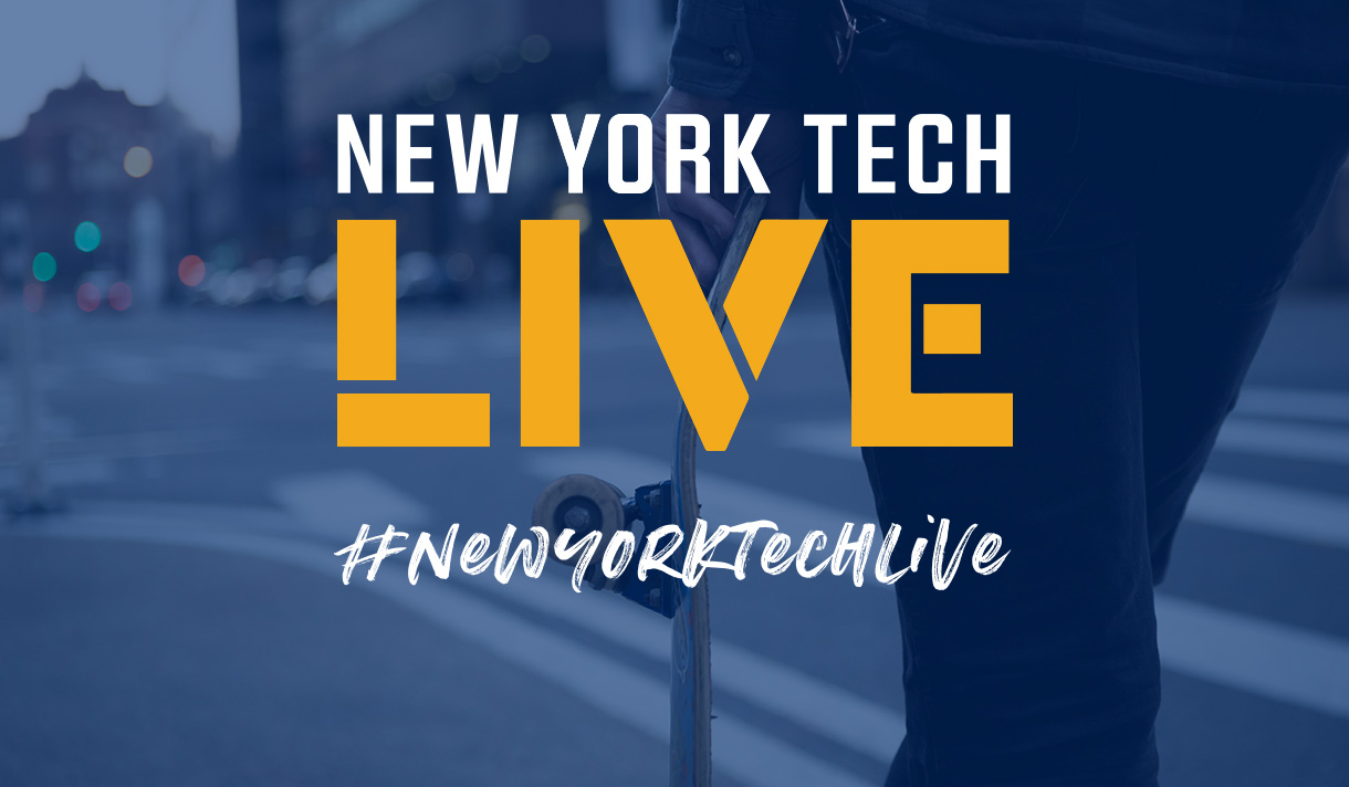 New York Tech Live logo with abstract closeup of someone walking holding a skateboard