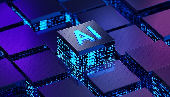 A futuristic image in dark blues with the initials AI on a block.