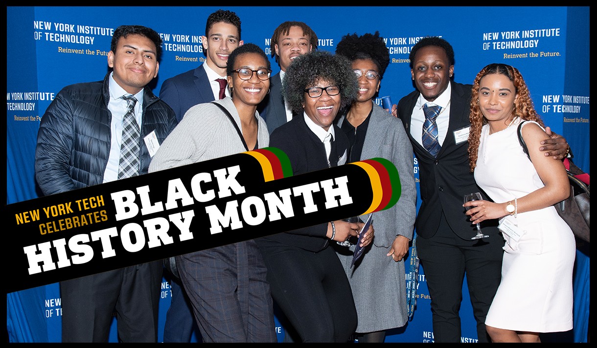 Students in suits and businesswear with the Black History Month logo