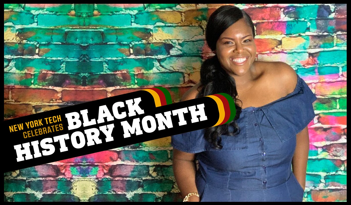 Black History Month logo and woman standing against a multicolored brick wall