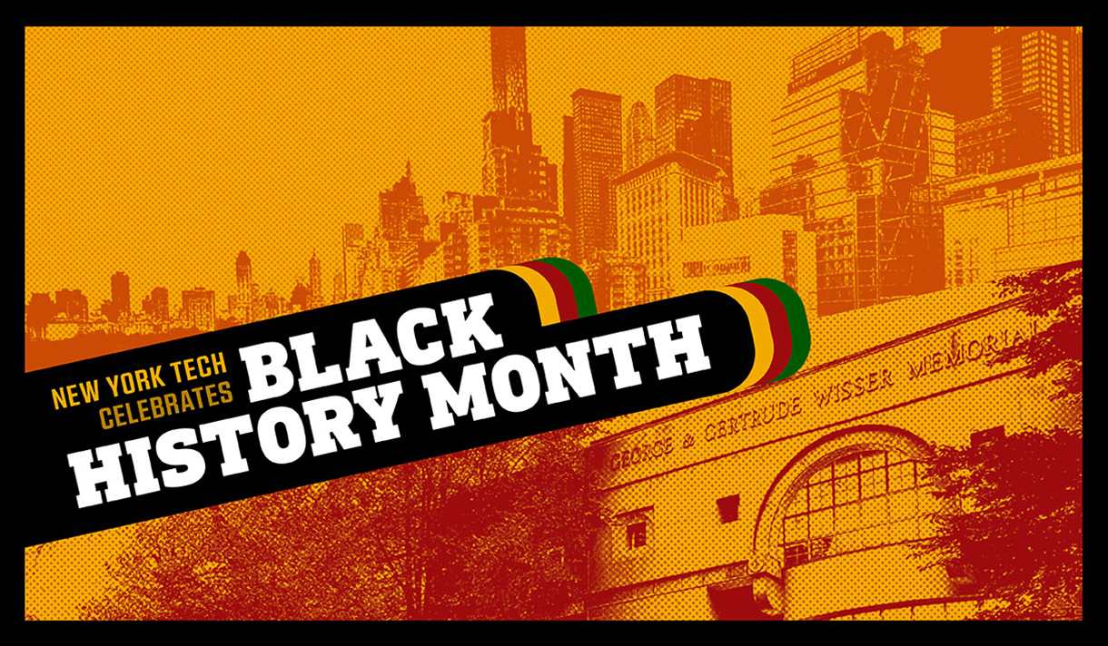 Sepia image of Long Island & New York City campuses with Black History Month logo