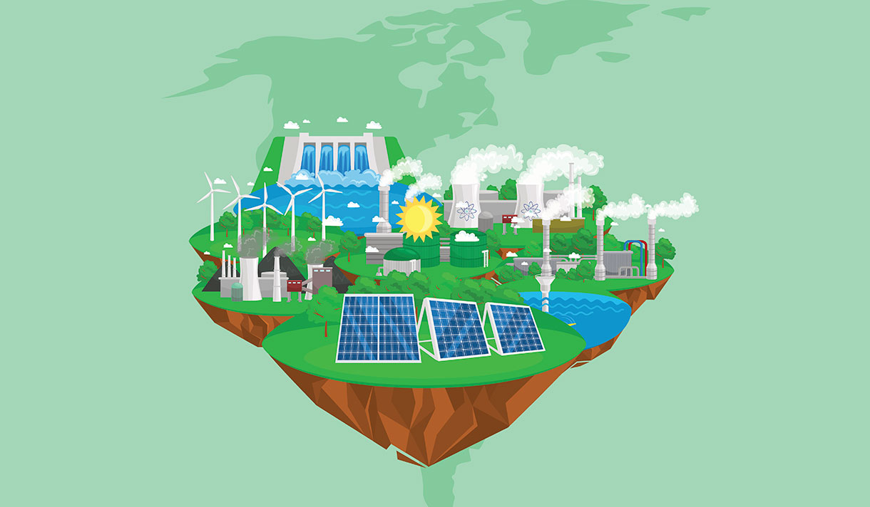 Clipart of different energy solutions such as solar panels, wind turbines, water energy 