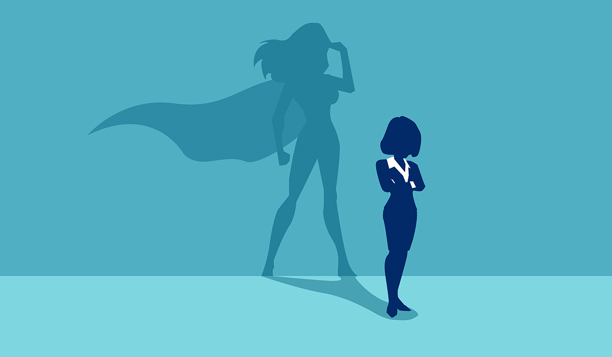 A drawing of a woman in a business outfit; her shadow shows that she is a superhero