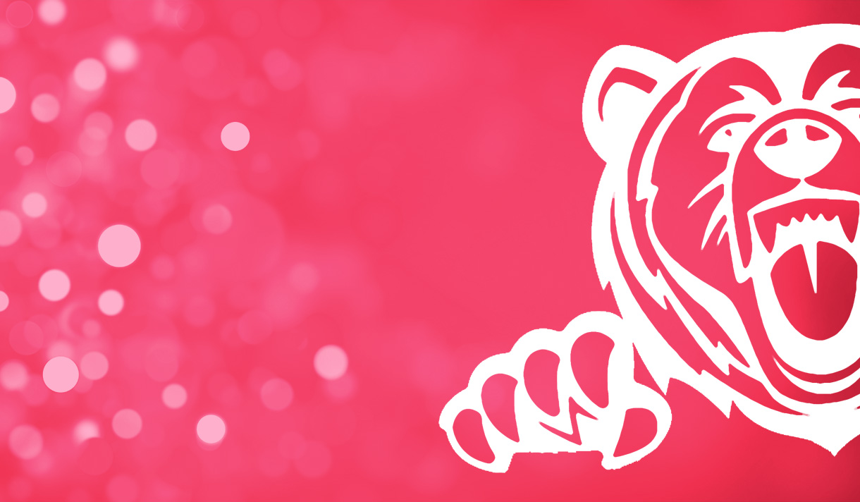 Bear logo on a pink, bubbly background