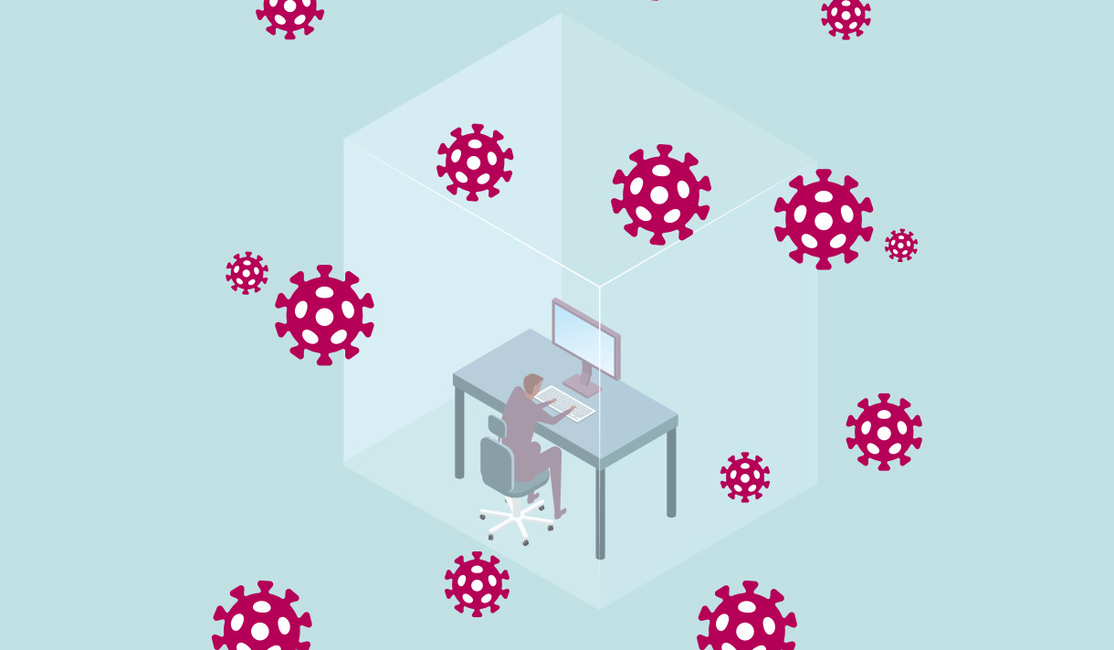 Illustration of a person sitting at a desk with a desktop computer, surrounded by floating Coronaviruses