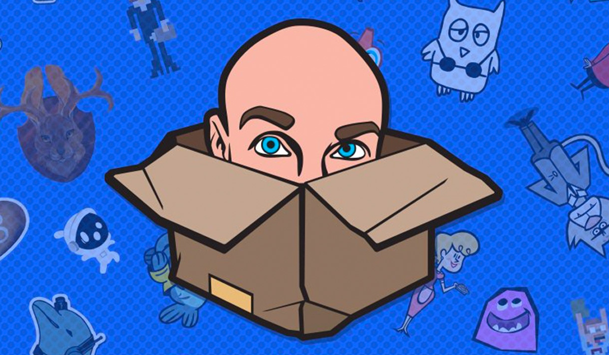 Jackbox logo: Illustration of a bald head popping out of a box