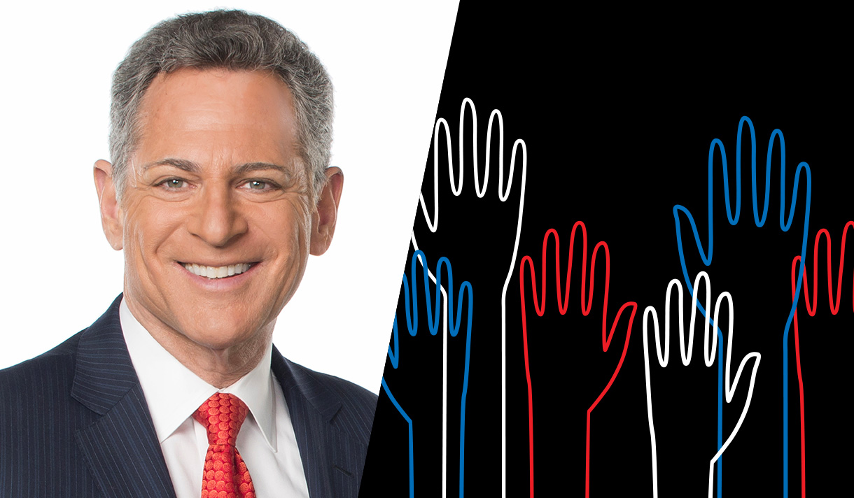 Photo of Bill Ritter and illustration of multicolored hands raised to vote