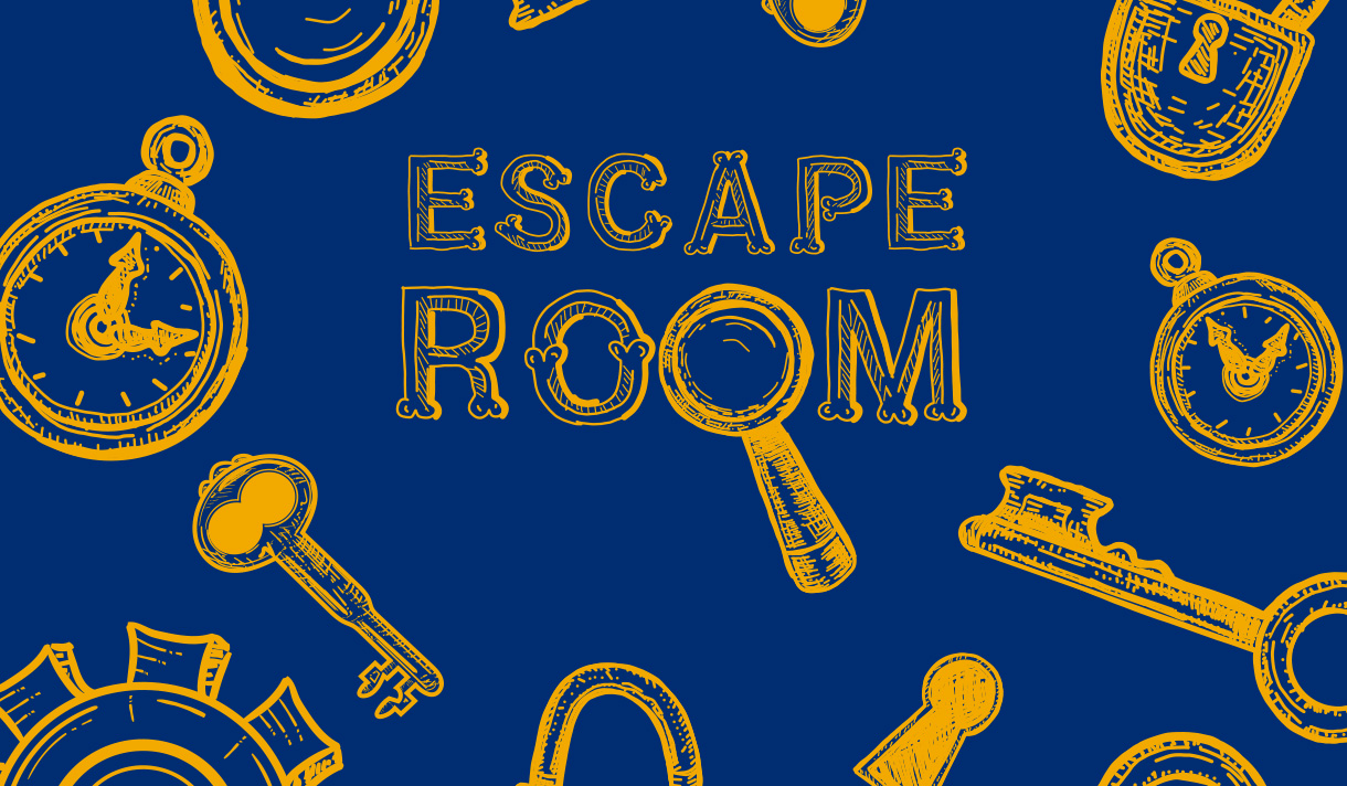 "Escape Room" written in yellow on a navy blue background. 