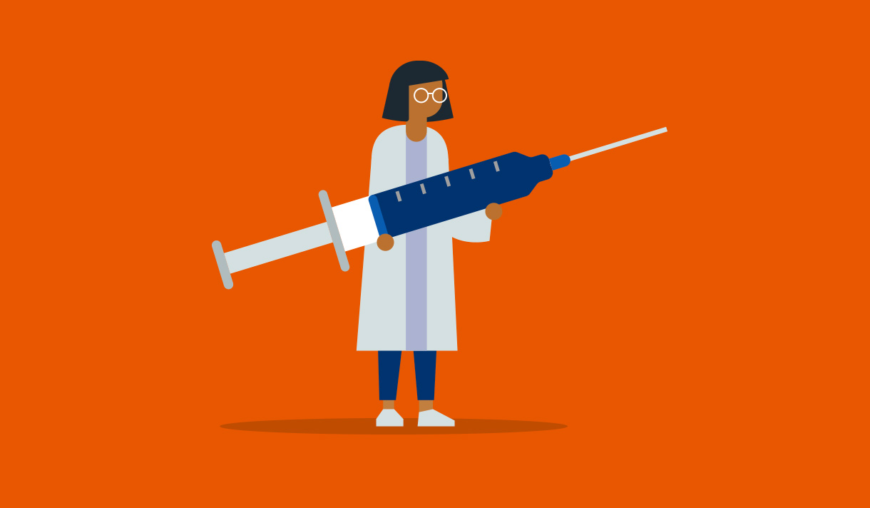 Illustration of doctor in a white jacket holding an outsized hypodermic needle