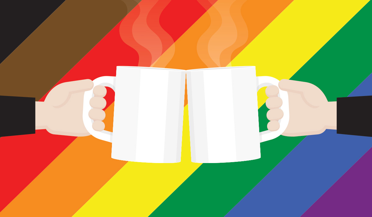 Two hands toasting coffee mugs over an LGBTQIA+ flag backdrop
