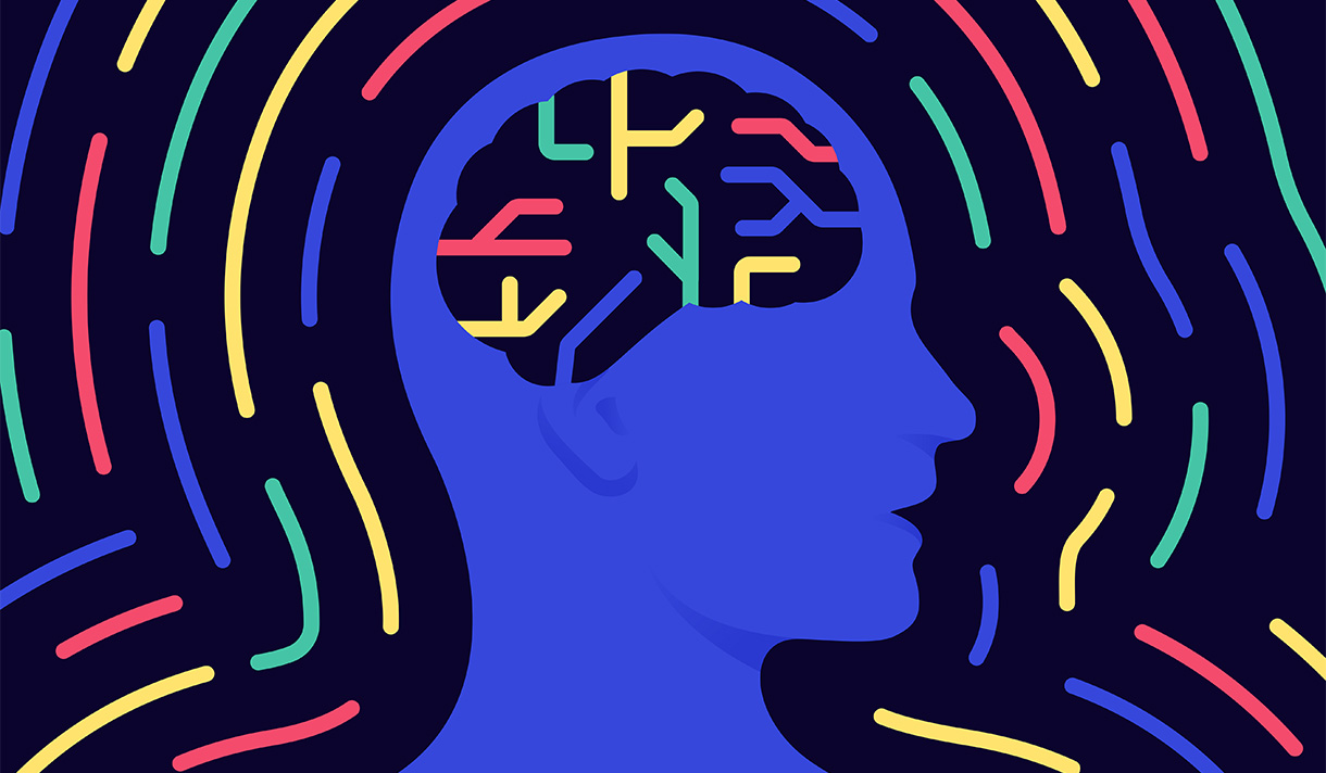 Illustration of blue silhouetted head with colored lines inside the brain and echoing beyond