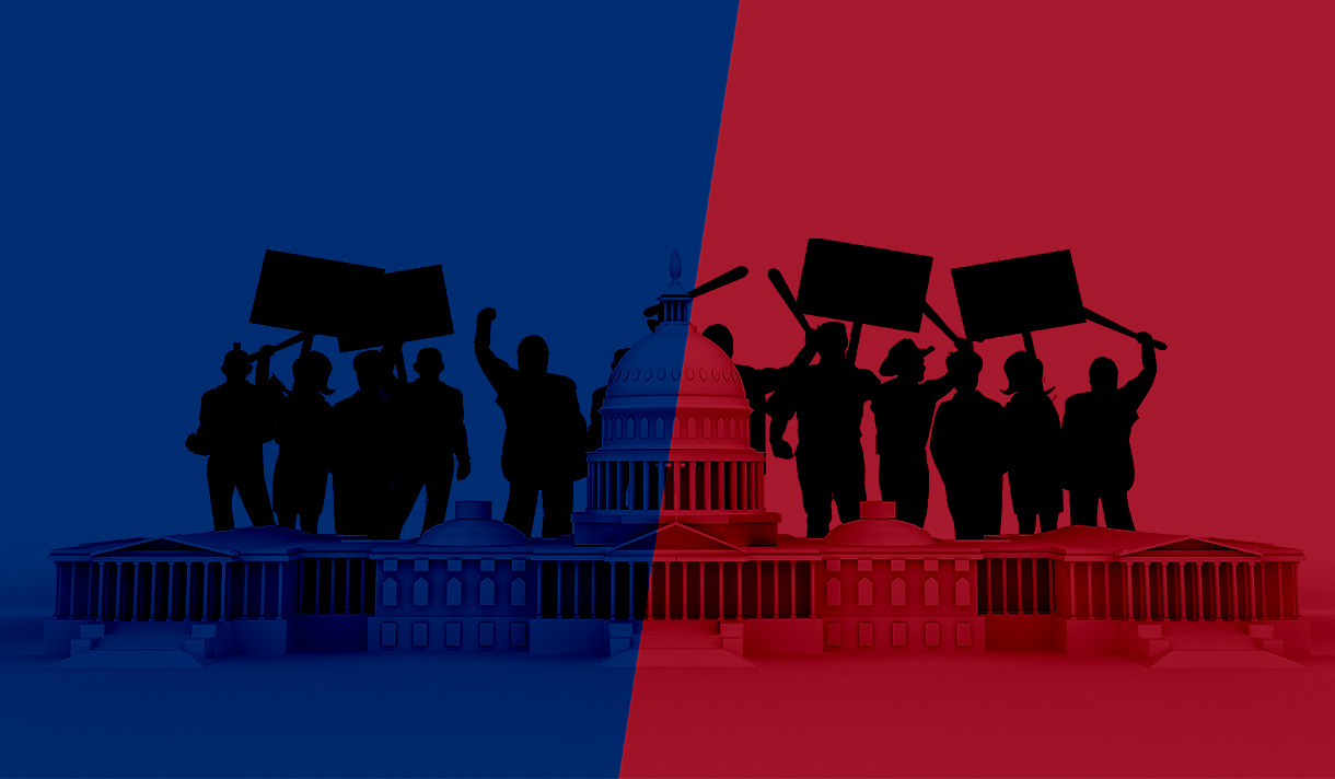 Protestors in front of the capitol building with a divided blue/red background