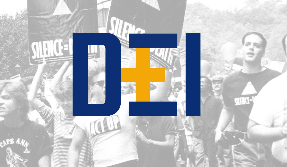 "DEI" Logo with a background of the an AIDS march