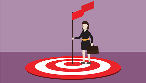 Illustration of student with a briefcase planting a flag on a target