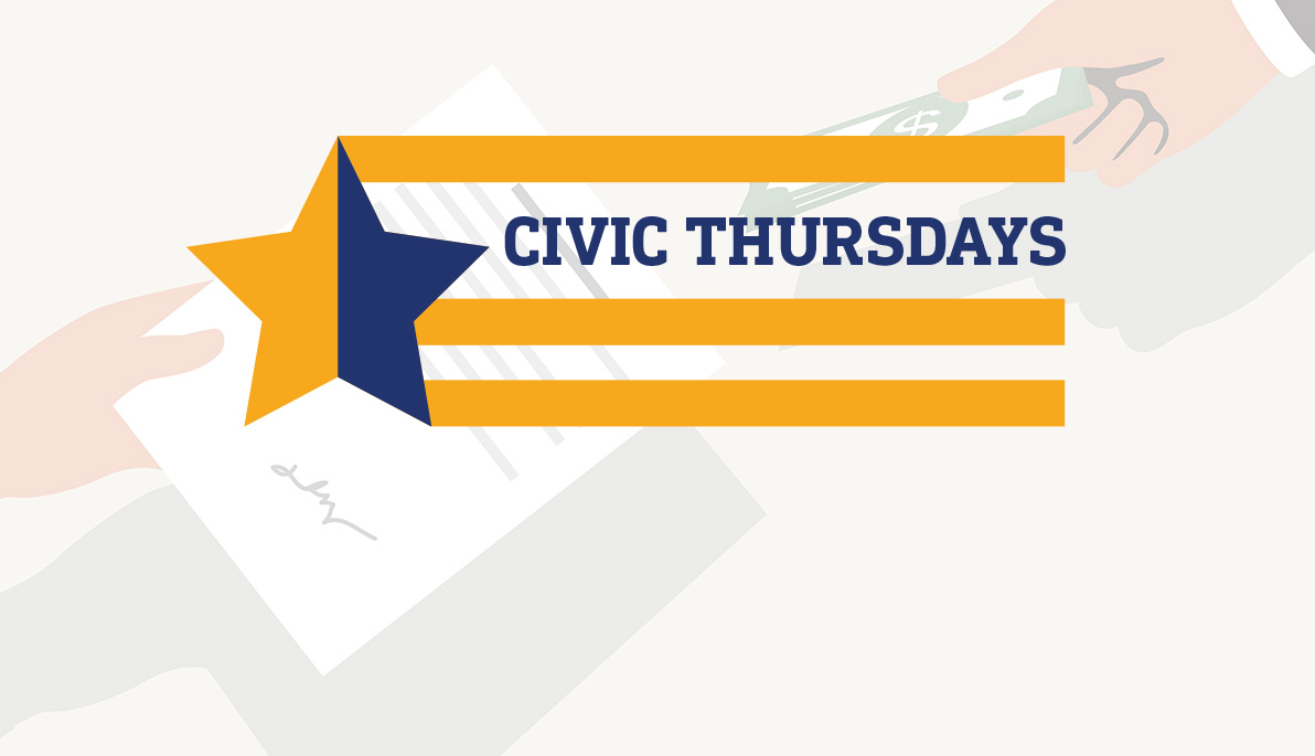 Civic Thursday logo with the background of two people exchanging a contract 