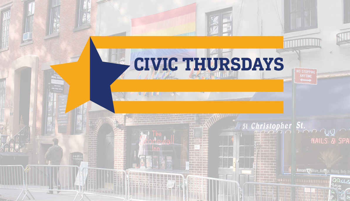 Civic Thursday logo with the background of the Stonewall Inn