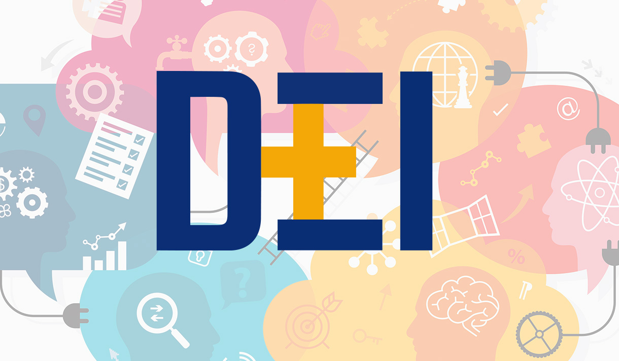 DEI logo with a collage of various items
