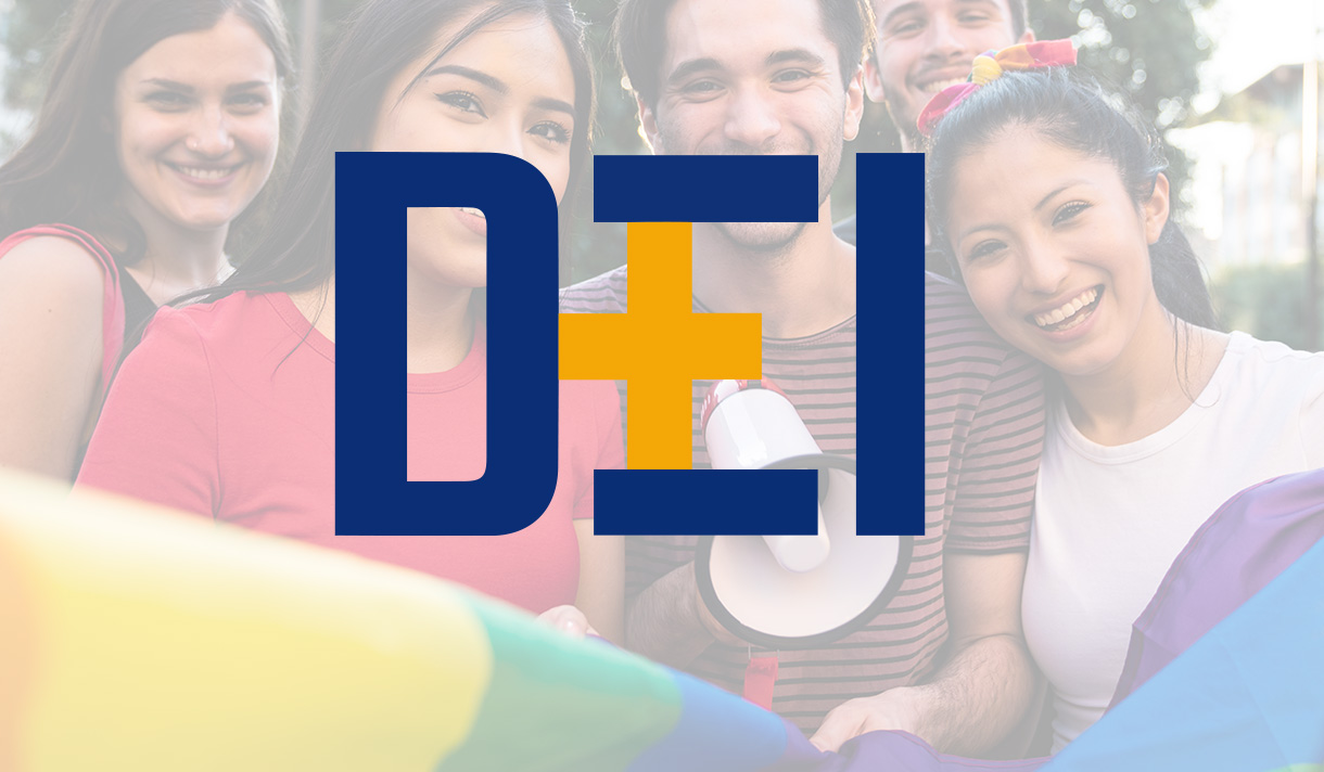 DEI logo with people holding up a pride flag