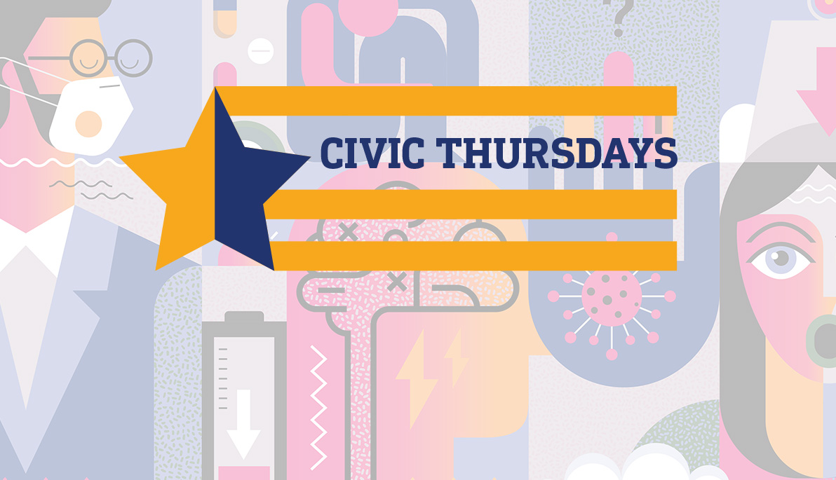 Civic Thursday logo with an abstract collage of items that helps with health action plans