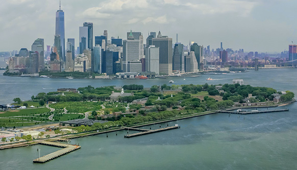 A view of Governors Island with NYC in the background