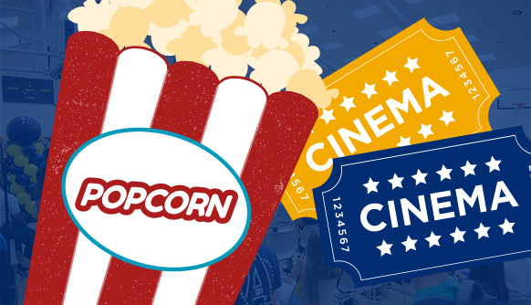 a drawing of popcorn and old-school movie tickets