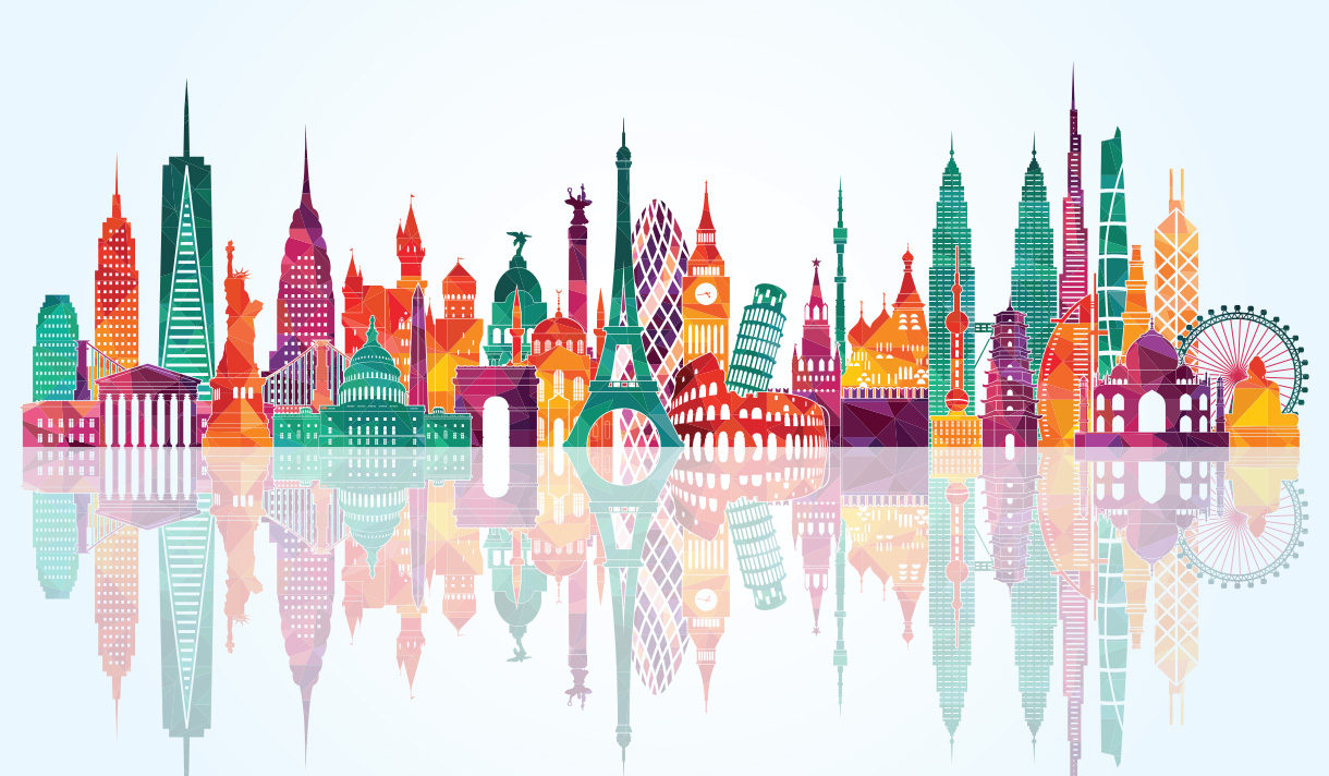 Colorful abstract depiction of various world famous cities skylines