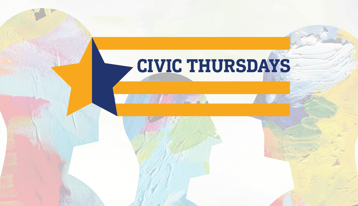Civic Thursdays logo overlaying a paint brush detailed abstract outline of 3 heads talking