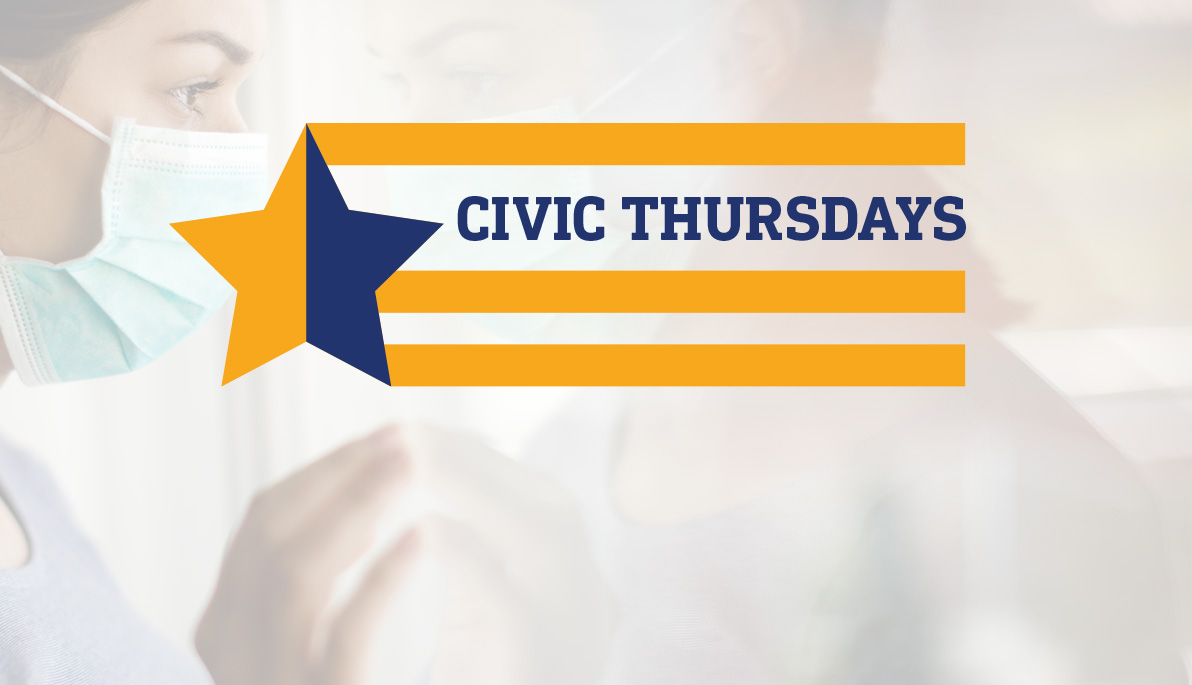 Civic Thursdays logo overlaying a picture of a masked woman gazing at her reflection