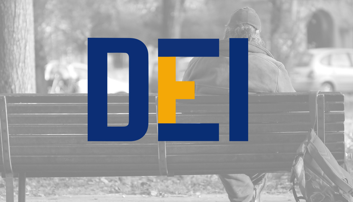 DEI logo overlaying a black and white photo of a man on a bench