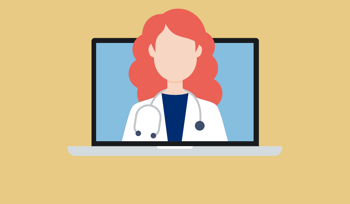 Illustration of medical professional in a lab coat embedded in a computer screen