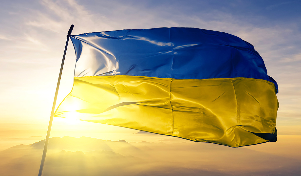 Ukrainian flag highlighted by sunshine