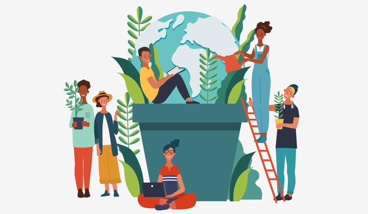 Colorful abstract depiction of a group of people in front of Earth atop a plant pot