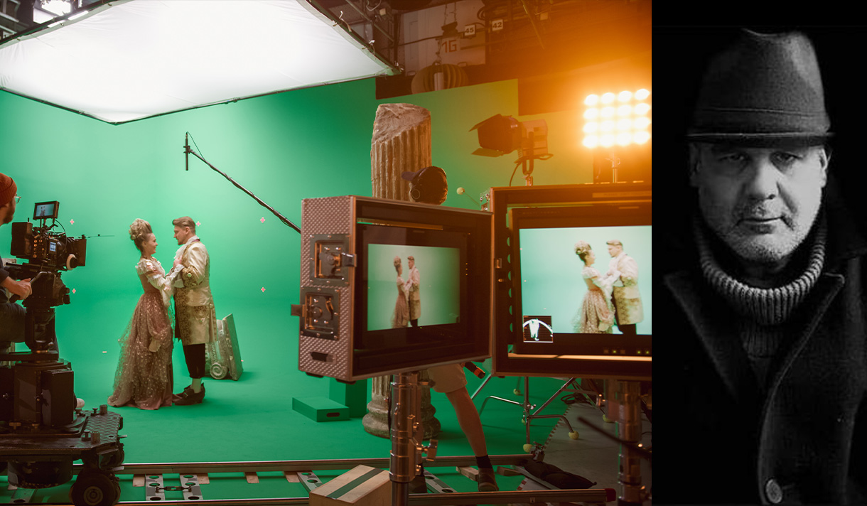 Composite photo of movie set with actors in period costumes in front of a green screen and a photo of Antonio Saillant