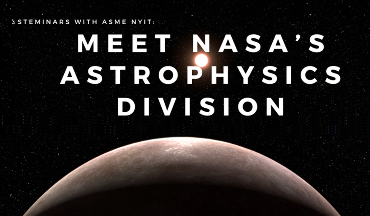 A planet, stars, and a text invitation to meet the Astrophysics Division of NASA.
