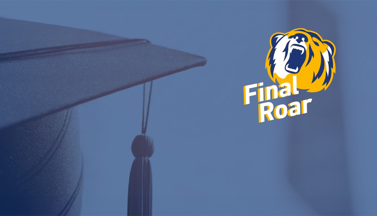 A graduation cap and the Final Roar logo with New York Tech bear