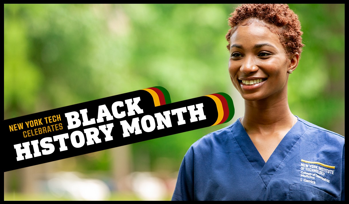 Black History Month logo over a photo of a woman in scrubs