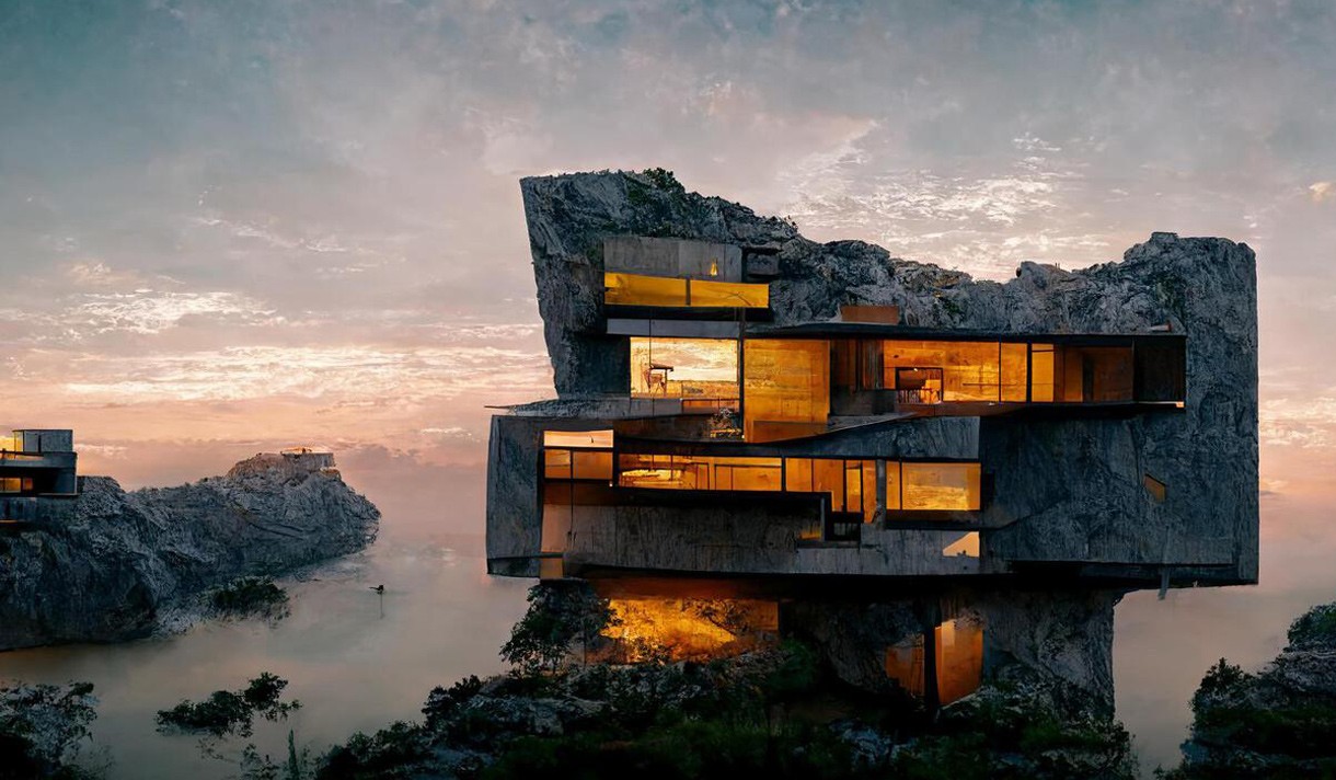 An image of modern house built into rocks