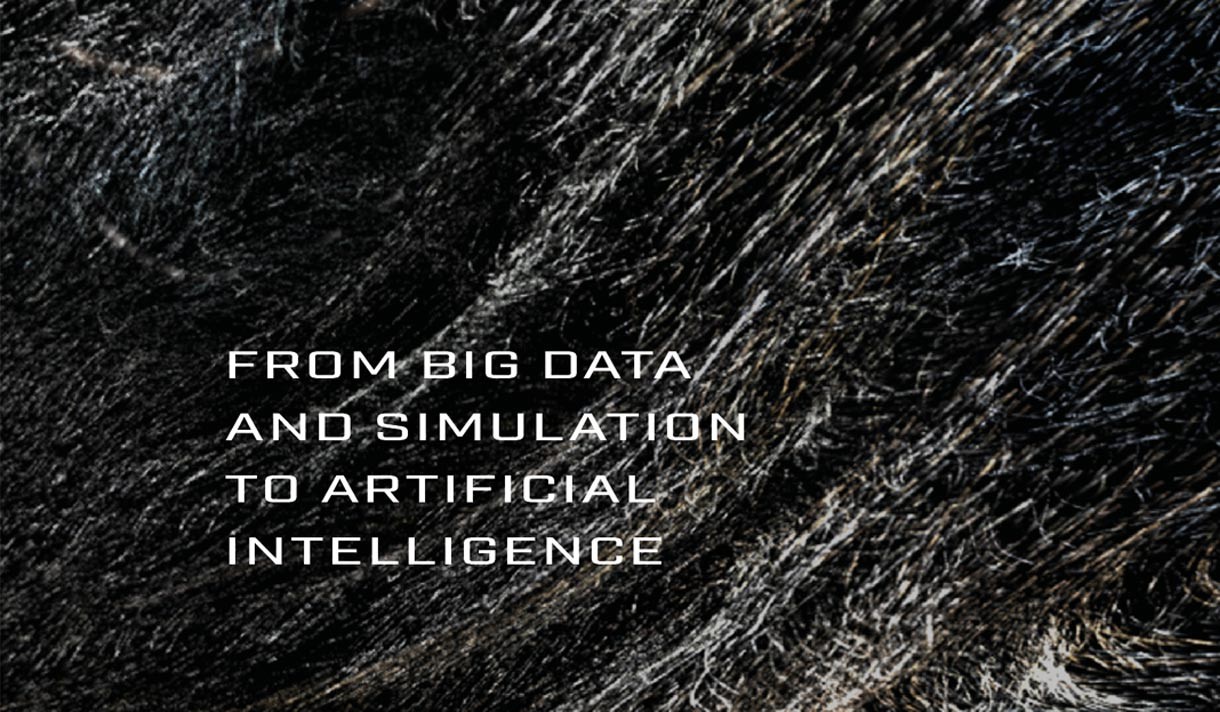 Abstract background with the text: From big data and simulation too artificial intelligence
