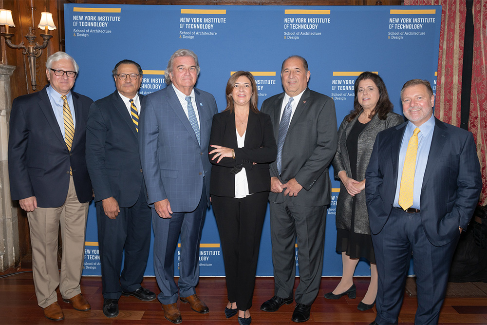 From left: New York Tech President Hank Foley, New York Tech Board of Trustees Chair Peter J. Romano (B.Arch. ’76), 2020 Alumni Spotlight Roger Smith, School of Architecture and Design Dean Maria Perbellini, Steven Alessio, Theresa M. Genovese, and event chair Domenick Chieco (B.S.A.T. ’89)