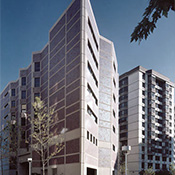  Prospect Heights Care Center, Hackensack, NJ, Herbert Beckhard and Frank Richlan Associates; Completed while Robert Cody was an associate at HB+FR in New York: Situated in a high-rise residential neighborhood, this 7-story, 119,000 sq ft, 210-bed facility includes four floors of long-term skilled nursing care and a penthouse level devoted to assisted living. The unique configuration of the exterior walls, with 45-degree angled windows, maximizes the privacy of both residents and neighbors. The facade is sheathed in precast concrete panels with brick tile inserts. The main entry lobby, a multipurpose room, a theater and a childcare center occupy the ground floor. Each living floor has a nurse station and ancillary facilities at its central core, flanked by resident rooms. Communal sitting rooms and dining rooms are situated at the ends of the building on each living floor offering magnificent views of the New York City skyline. Warm, homelike finishes and modern technology allow this building to move beyond the sterile atmosphere of a hospital setting toward a more comfortable residential atmosphere.