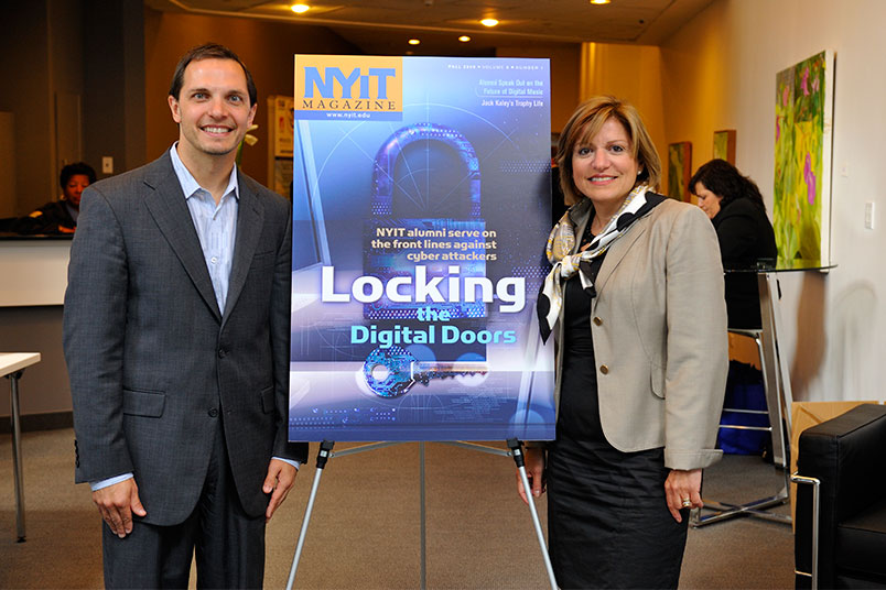 <strong>NYIT Helps Fight Cyberspace Invaders</strong> To fill a need for education and awareness of Internet attacks, NYIT School of Engineering & Computing Sciences hosted its first cybersecurity conference in September 2009. This photo shows Eric Cole (B.S. '93, M.S. '94) with Dean Nada Anid at the event. In a keynote address at the inaugural conference, Cole urged attendees not to wait for the signs of a cyberattack to start protecting their digital assets. "If you're not seeing them, you're not looking in the right spots," he said.